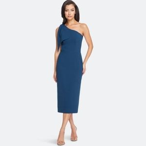 Dress the Population One-Shoulder Midi Dress in Teal Blue